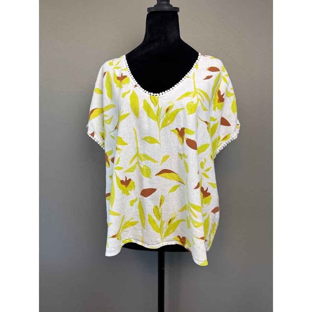 Marc New York Floral Top Large White Green Leaves Linen Blend Cottage Boho